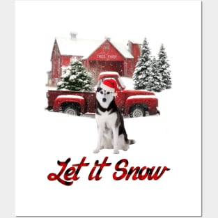 Husky Let It Snow Tree Farm Red Truck Christmas Posters and Art